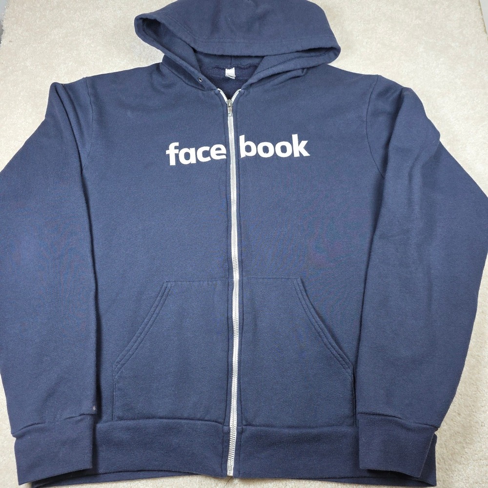 American Apparel Facebook Hoodie Mens XL Navy Blue Full Zip‎ Flex Fleece Logo